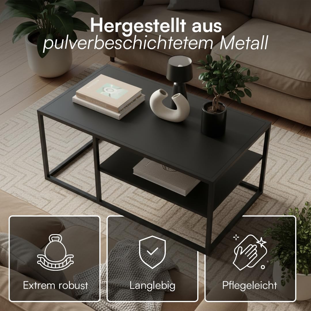 skølm Skadi Couchtisch aus Metall – Wohnzimmertisch mit 2 Ablagen – Beistelltisch in Schwarz – Sofatisch höhenverstellbar – Mitteltisch 45x100x60 cm (HxBxT) – eckiger Kaffeetisch mit Stauraum