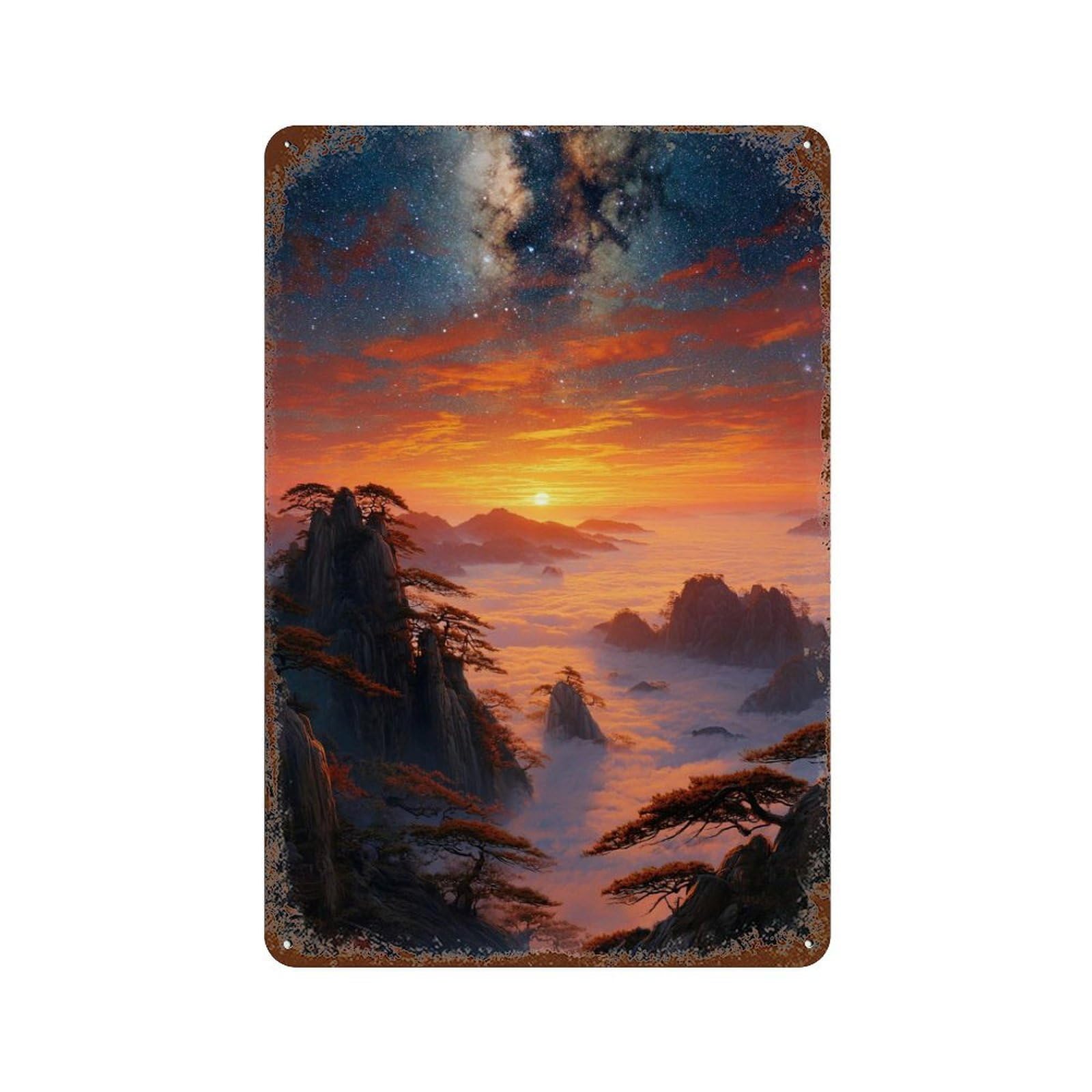 Stunning Sunset Mountain Landscape Rusty Metal Tin Sign 11.8"x7.9", Vintage Wall Decor for Garage, Pub Or Kitchen