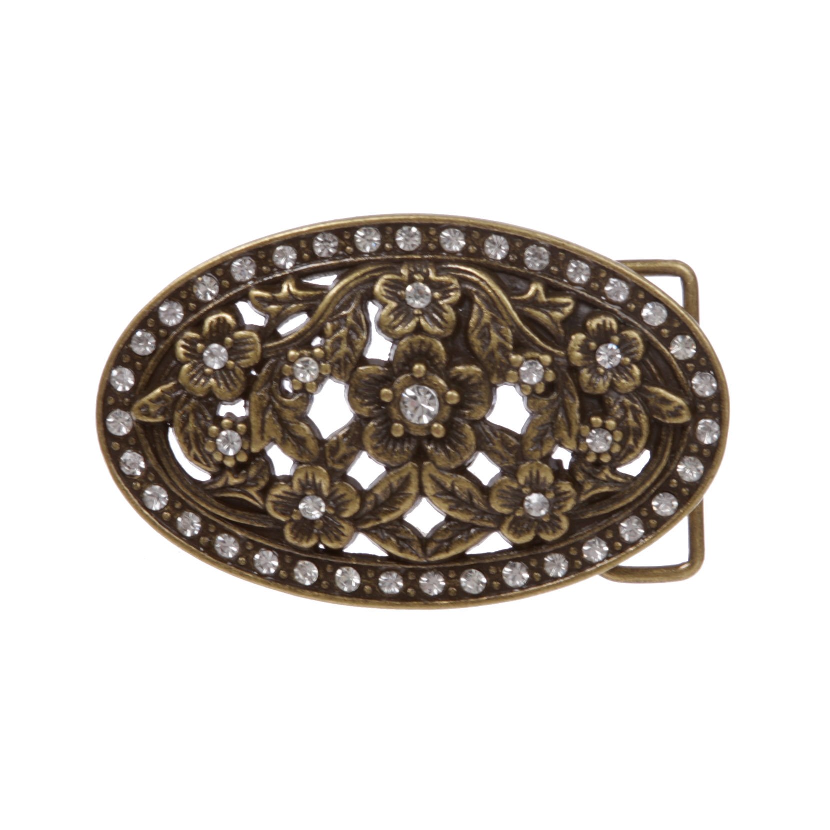 1 1/2" Antique Silver Brass Oval Perforated Engraved Crystal Rhinestone Western Floral Belt Buckle, Antique Brass