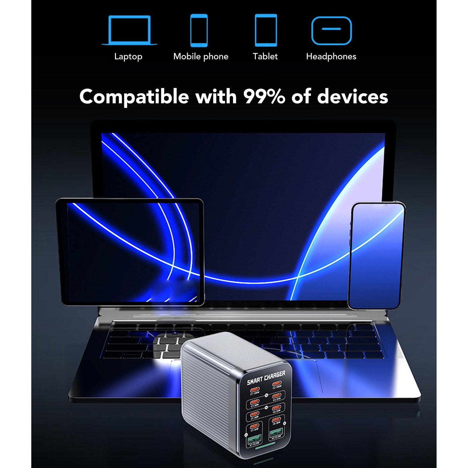 Cryfokt Station de Chargeur PD QC, Hub de Charge Rapide 200 W, GaN Tech, Chargeur de Bureau 10 en 1, 2 Ports QC3.0/8 PD, Mural 6 Ports avec Cordon de 1,5 M, Adaptateur de (Prise UE)