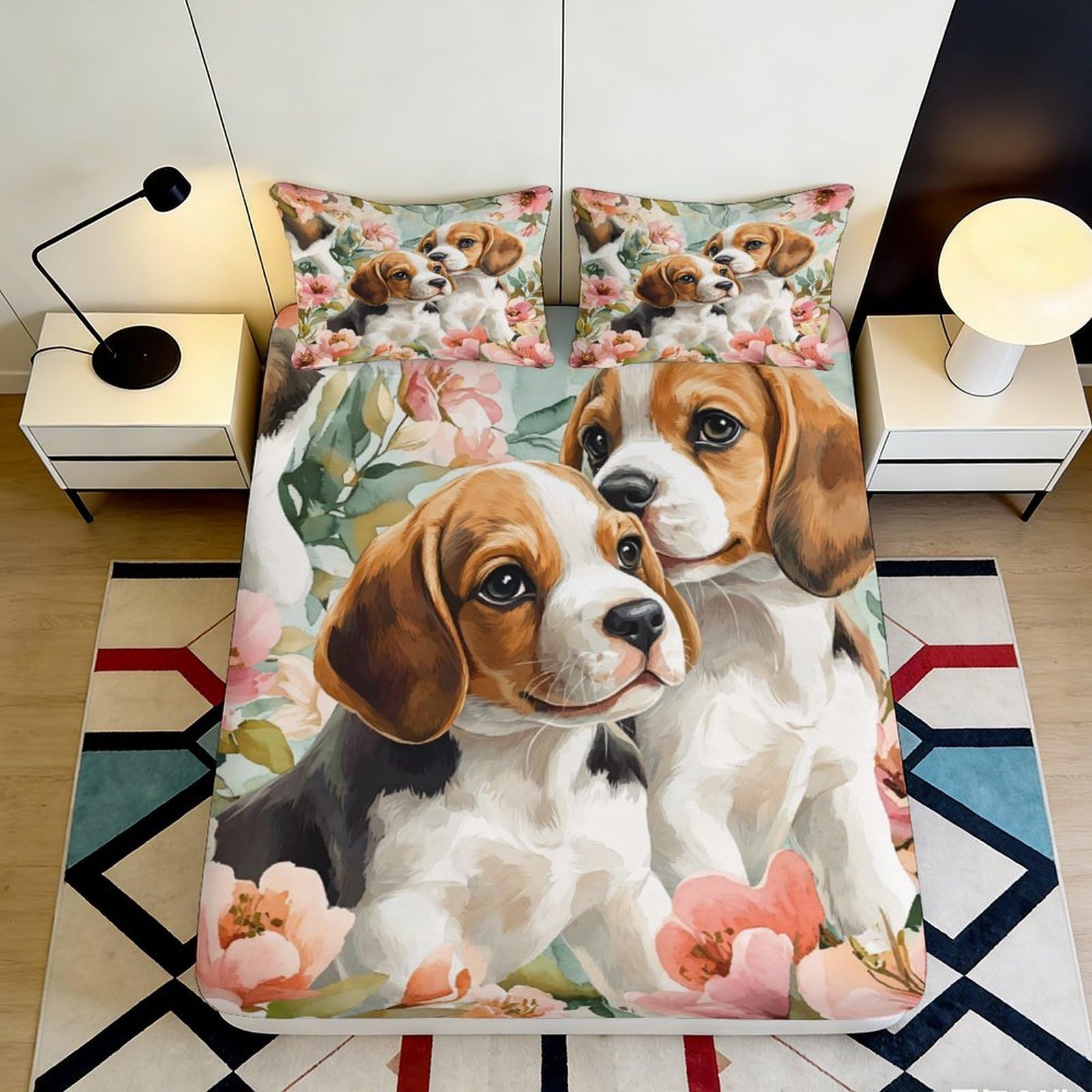 Jqzkxnhpbr Style-2 3D Printed Beagle Dog Floral Fitted Sheet Microfiber Soft Anti-Slip Bed Cover For Bedroom Dorm Home Decor 90X200x25cm