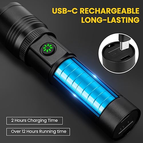 Miniatura 5 de azamine Linternas recargables de alto lúmenes, 99000LM luz de flash súper brillante con 6 modos, linterna LED de mano potente ajustable para acampar