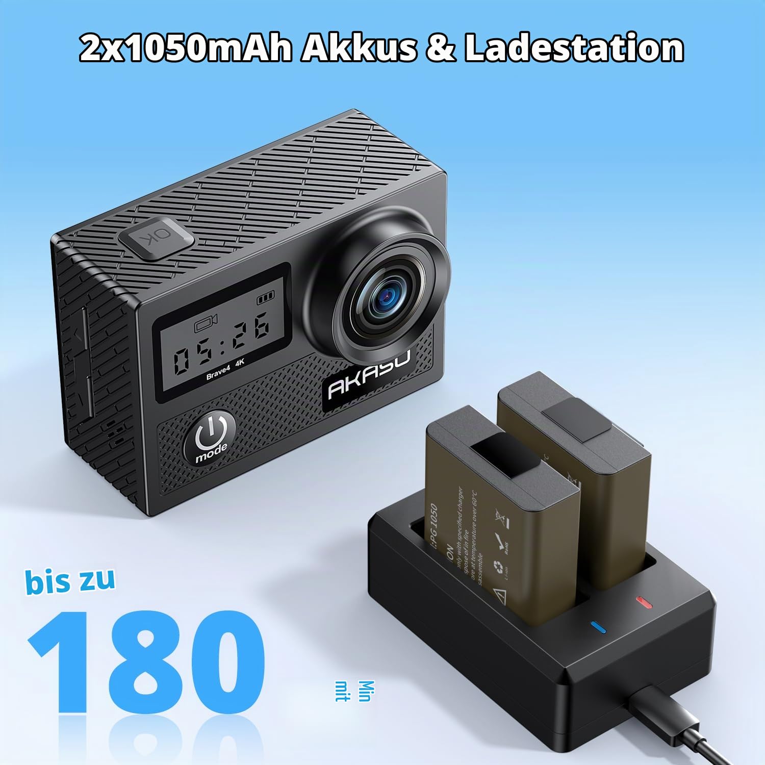 AKASO Action Camera 4K 20MP Action Kamera/Unterwasserkamera mit Bildstabilisierung Zoom Zeitraffer, 30m Camcorder mit Fernbedienung 2 Akkus und Zubehör Kit