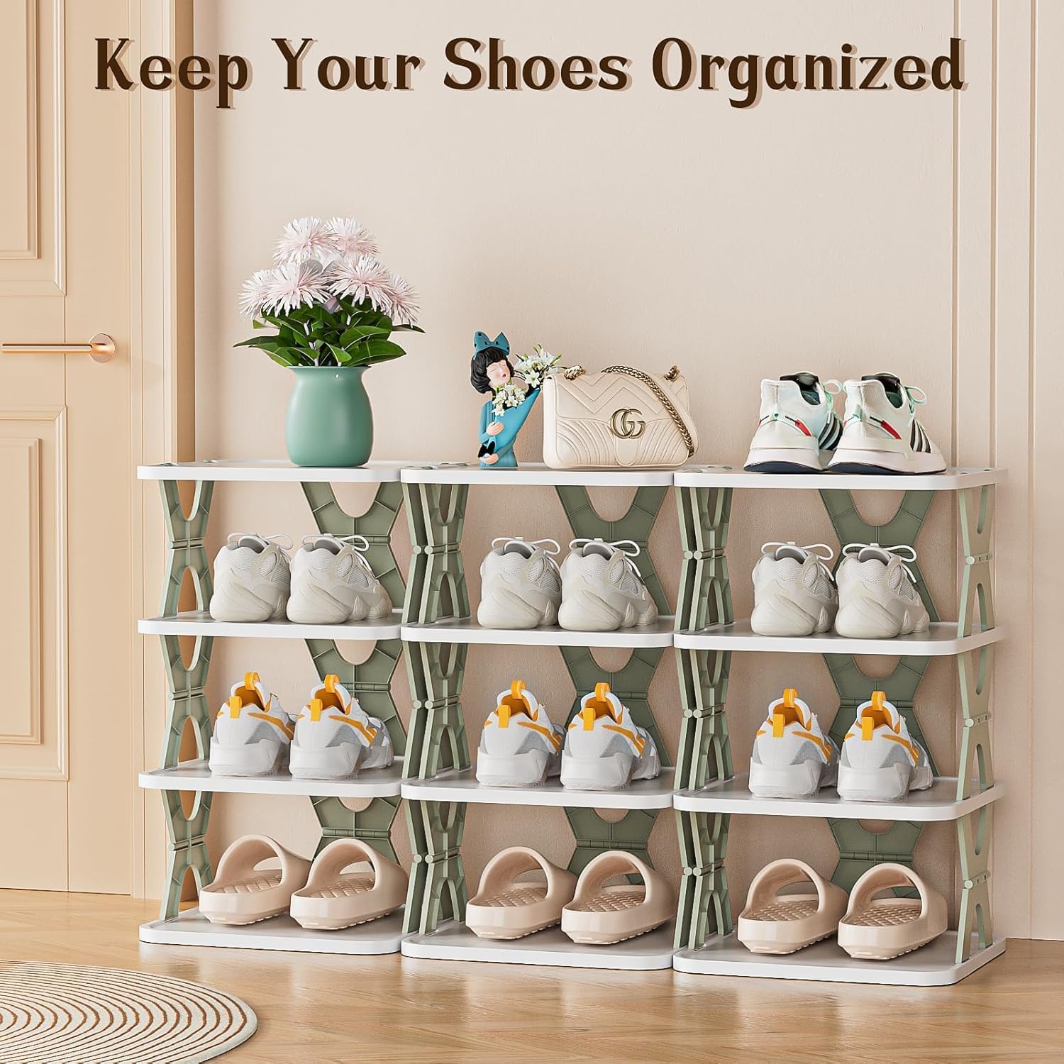 GREECHO 4-Tier Foldable Shoe Rack for Home | Vertical Space Saving Plastic Shoe Stand | Multi-Purpose Narrow Footwear Storage Organizer Shelf for Entryway, Closet & Corner (4 Layer) (4) 4