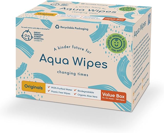 Aqua Wipes Originals Baby Wipes - Vegan Friendly Biodegradable Natural Wipes - 99.3% Purified Water Dermatologically Tested Eco Wipes - Plastic free wipes with Organic Aloe Vera - Carton of 12 Packs