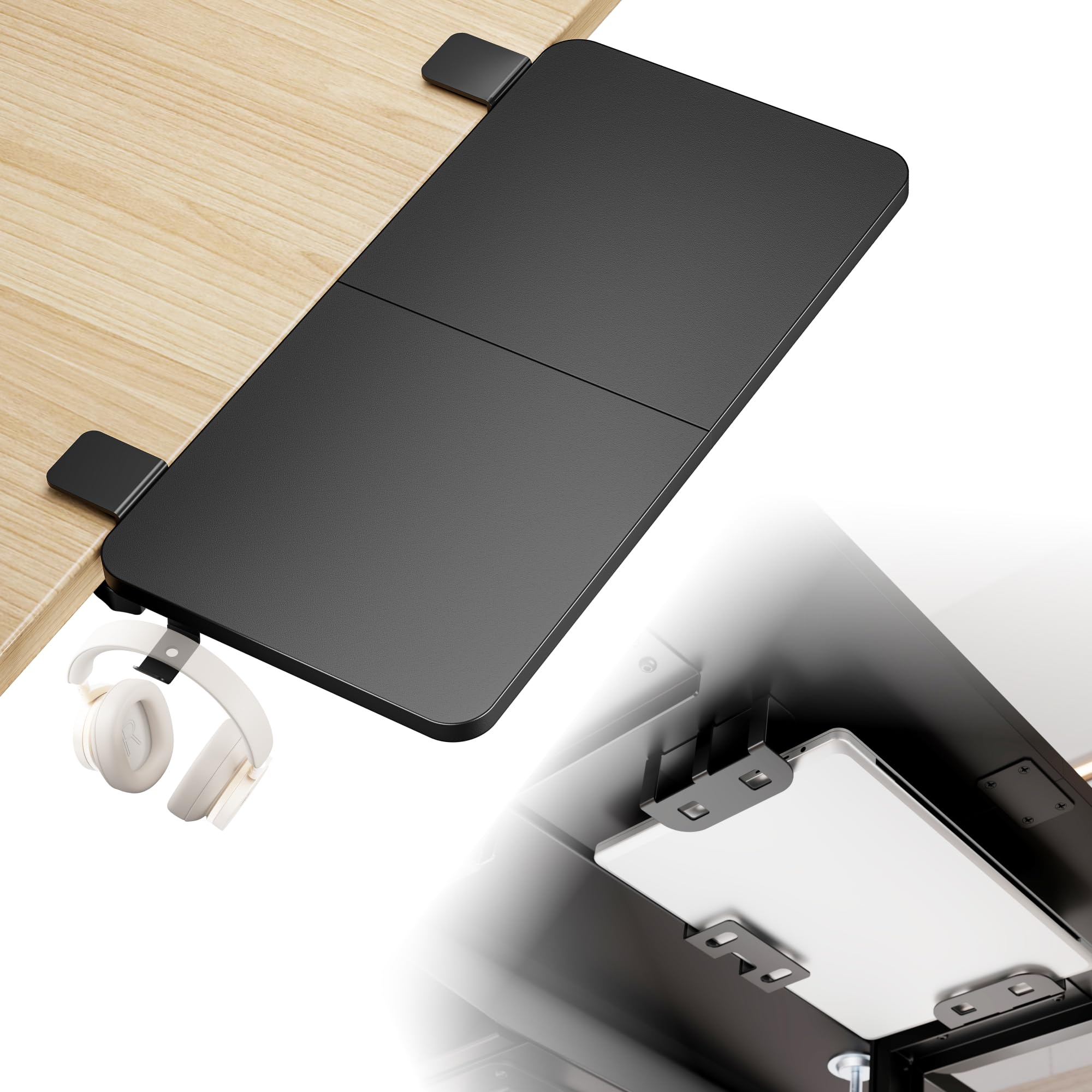 PEGZONE Desk Extender Tray, 24" x 12" Clamp On Desk Shelf, Desk Extension with Laptop Holder, Table Desk Arm Rest, Clamp On Keyboard Tray for Office