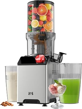 Cold Press Juicer, Wide Feed Chute Masticating Juicer, Red Knob | Stainless Steel Body, Make Ice Cream & Nut Milk, Easy to Clean, New Orange Spiral Auger, Safety Lock, Slow Juicer Machines