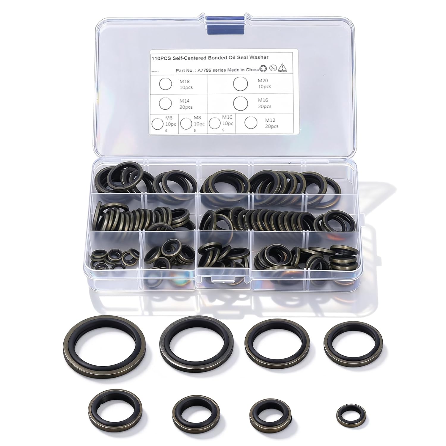 Jeanoko Oil Seal Washer, Metal Rubber Bonded Oil- high-Temperature Seal with self-Centering Lip, Oil Seal Washer, for Threaded Pipe Joints, Sizes M6 M8 M10 M14 M16 M20, 110 Pieces