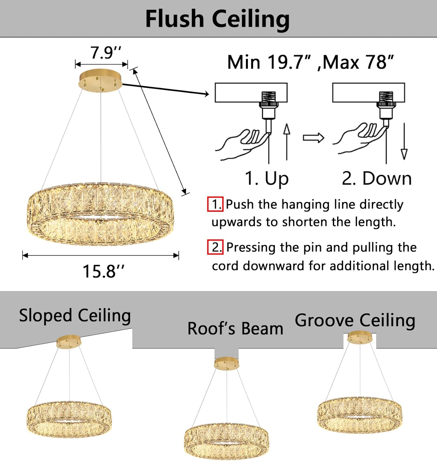 HAIXIANG LED Dining Room Chandelier Crystal Ring Pendant Lighting for Kitchen Island Bedroom Dimmable Hanging Light Entryway Foyer Ceiling Lighting Gold