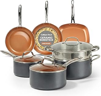 Gotham Steel 12 Pc Ceramic Cookware Set Nonstick, Ceramic Pots and Pans Set Non Stick with Steamer for Cooking, Non Toxic PFOA PFOS Free, Ergonomic Stay Cool Handles, Oven & Dishwasher Safe, Copper