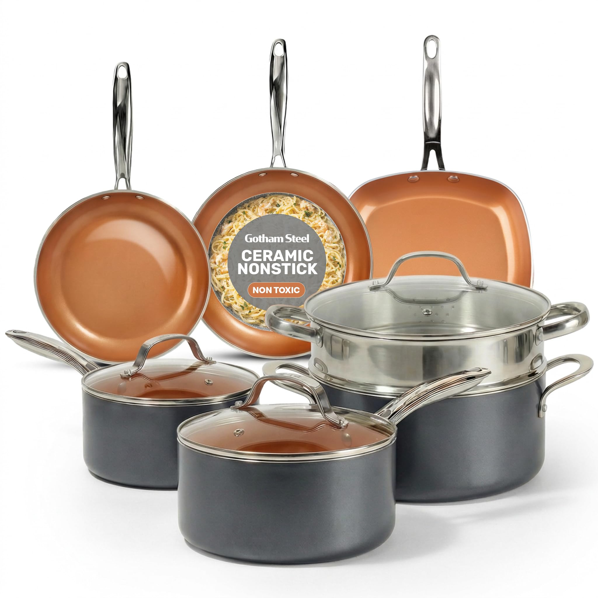 Gotham Steel 12 Pc Ceramic Cookware Set Nonstick, Ceramic Pots and Pans Set Non Stick with Steamer for Cooking, Non Toxic PFOA PFOS Free, Ergonomic Stay Cool Handles, Oven & Dishwasher Safe, Copper