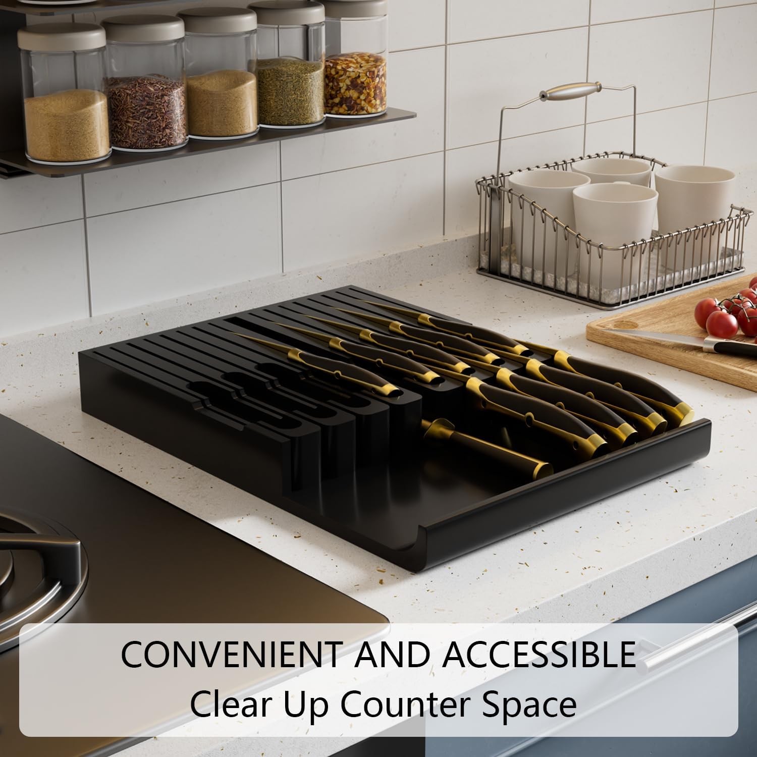 Domax Bamboo In-drawer Knife Block - Kitchen Knife Drawer Organizer Insert, Knife Holder without Knives Large, Drawer Knife Organizer Fits for 16 knives and 1 Sharpening Steel (Not Included), Black - Image 5