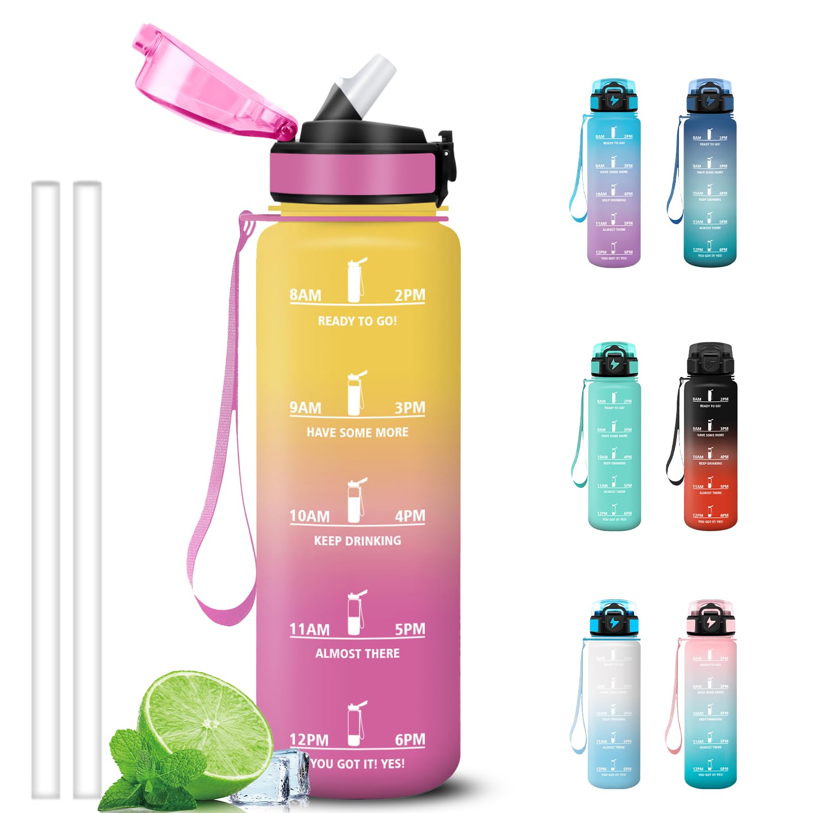 Grsta Borraccia 1 litro, A Prova di Perdite Borracce con Cannuccia, Borraccia Palestra con Indicatore del Tempo, Facile da Pulire, Bottiglia Motivazionale per Yoga, Ufficio, Fitness