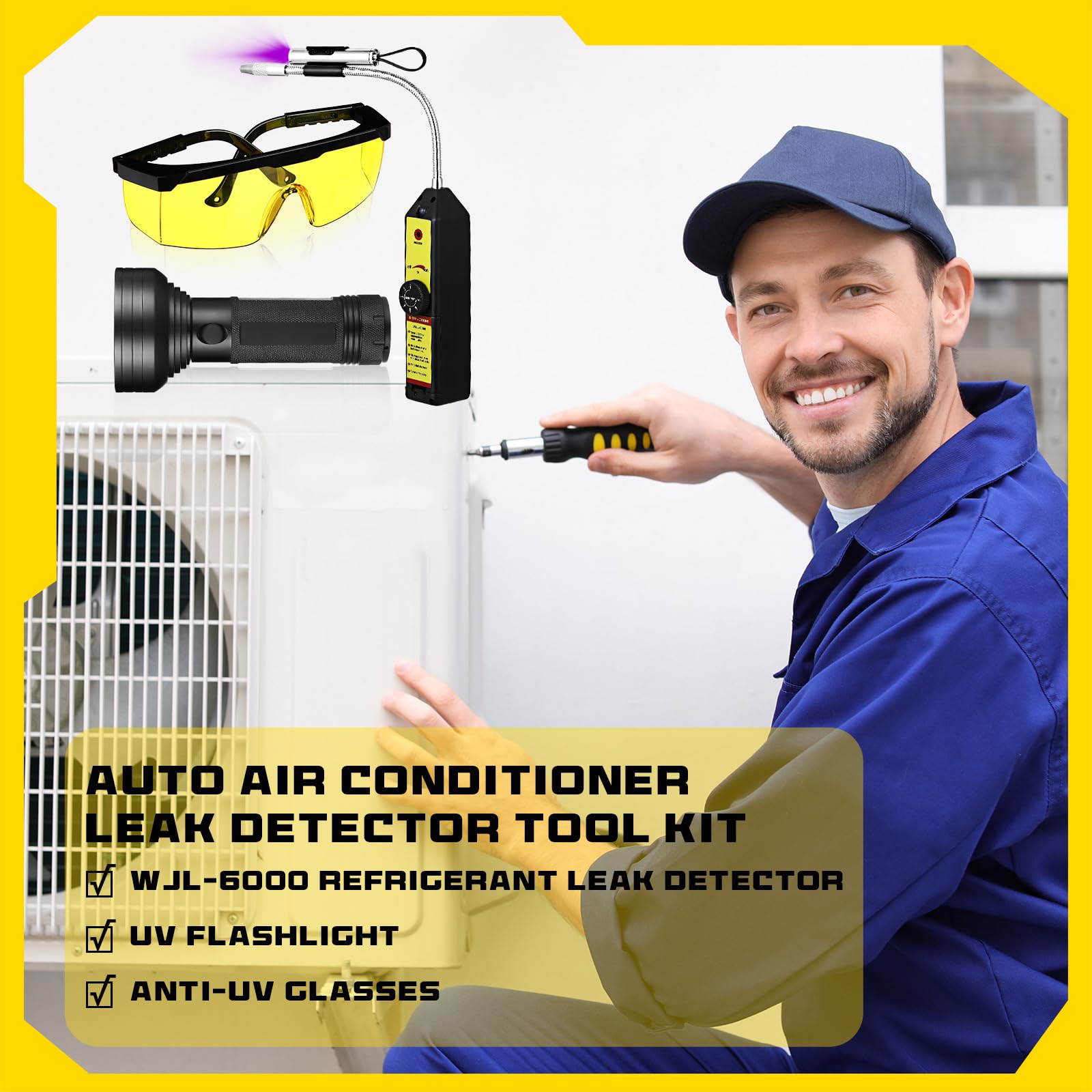 Glooglitter Herramienta de detección de fugas de aire acondicionado automático WJL-6000, detector de fugas de refrigerante con linterna UV y gafas protectoras UV amarillas para aire acondicionado HVAC