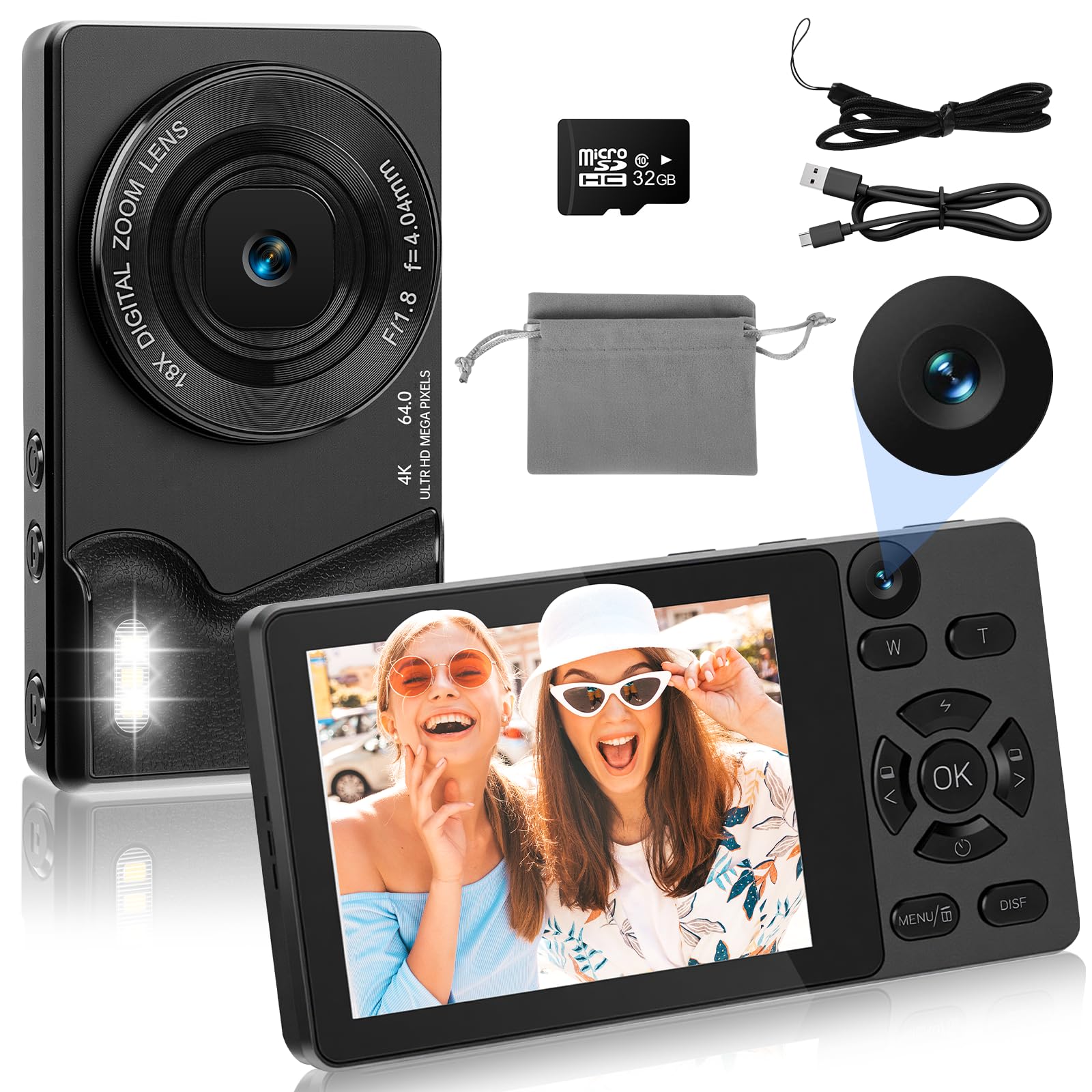 Fotocamera Digitale 4K 64MP con Doppia Fotocamera Frontale e Posteriore, Fotocamera Compatta per Vlogging, Schermo LCD 2,8 Pollici, Zoom Digitale 18X, 32GB SD Card per Bambini (Nero)