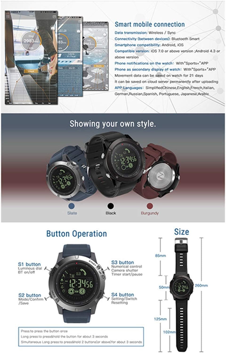 Diagram showing smart mobile connection details and button operations for the Zeblaze Vibe 3 smartwatch.