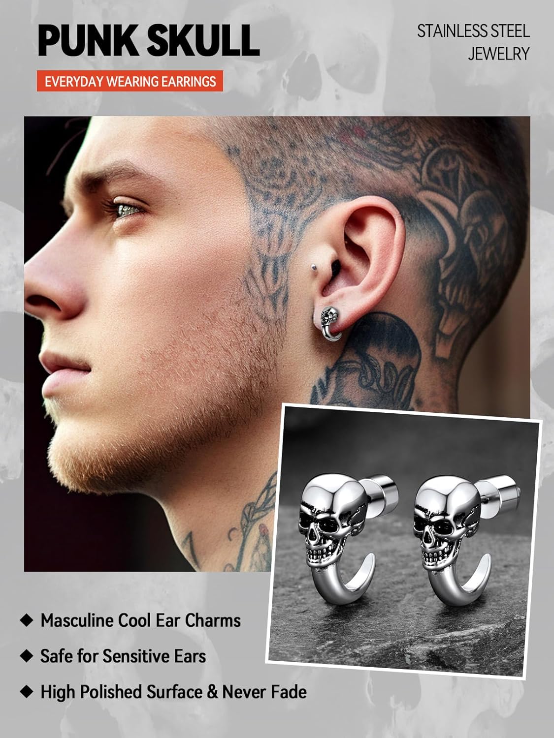 FaithHeart Skull Hoop Earrings for Men Silver/Black/Gold Stainless Steel Gothic Huggie Hoops Earring Lightweight Hypoallergenic Punk Cool Rapper Hip-hop Ear Jewelry Gifts - Image 2