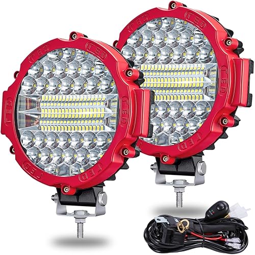 7 Inch Round LED Light Bar Offroad, 201W 15000LM Off Road Driving Work Light Pod, Tractor ATV UTV Cart 4x4 LED Off-Roading Light Pod Fog Trucks Flood Beam Lights (201W 2PC-Red with Wiring)