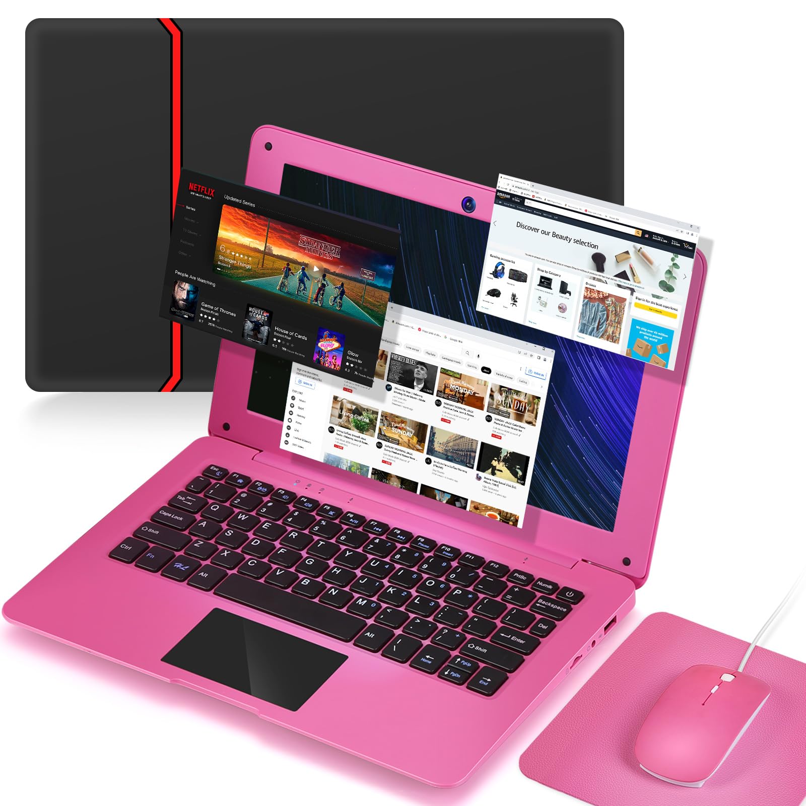 Android 12.0 Laptop 10.1 Inch Notebook Slim and Lightweight Mini Netbook Computer with Bluetooth WiFi Webcam, and Laptop Bag,Mouse, Mouse Pad，Mini Laptop for Kids and Adults（Pink）