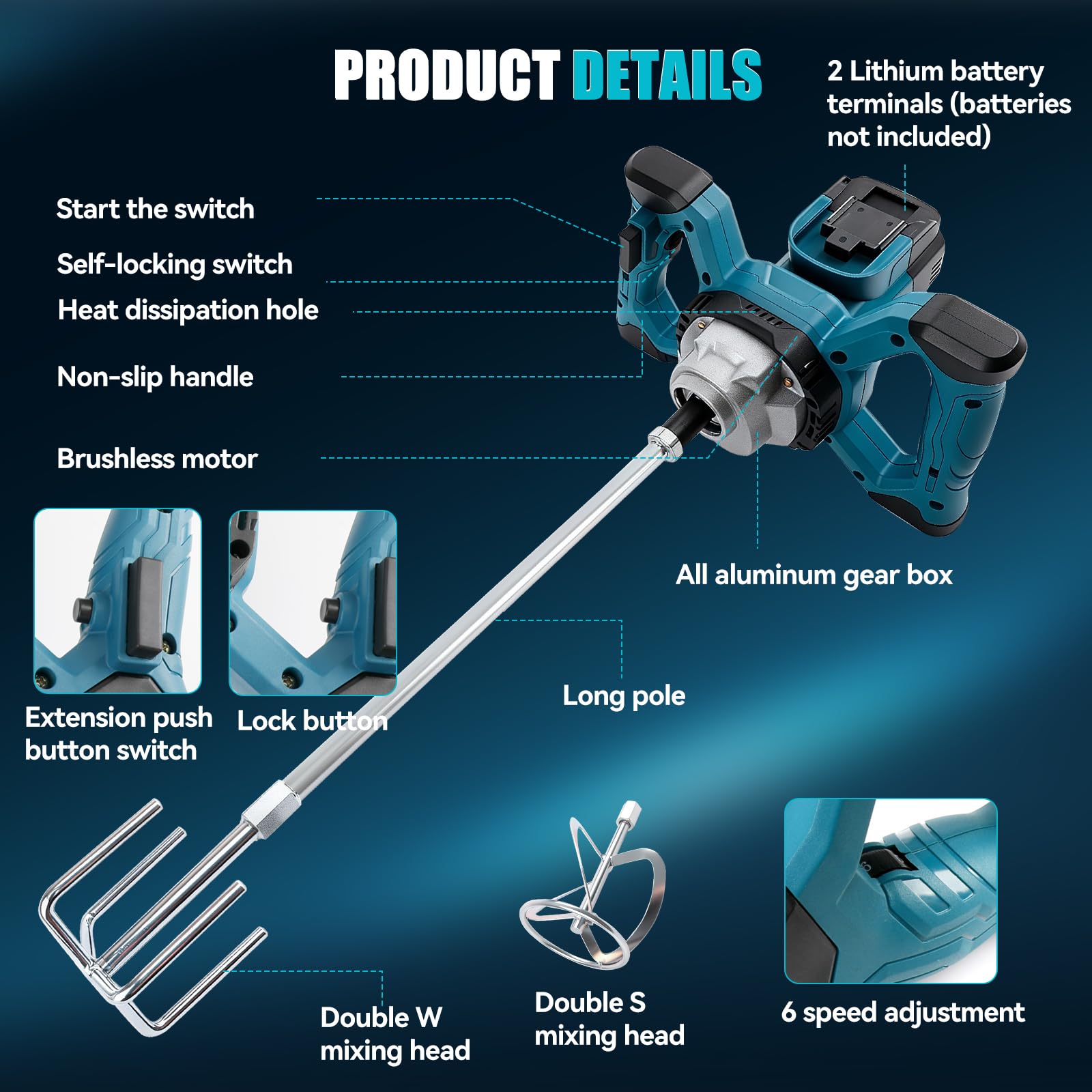 Mezclador de cemento inalámbrico para batería Makita de 18 V, mezclador de paleta sin escobillas, mezclador de mortero de pintura de 6 velocidades, máximo 680 RPM, agitador eléctrico de hormigón para