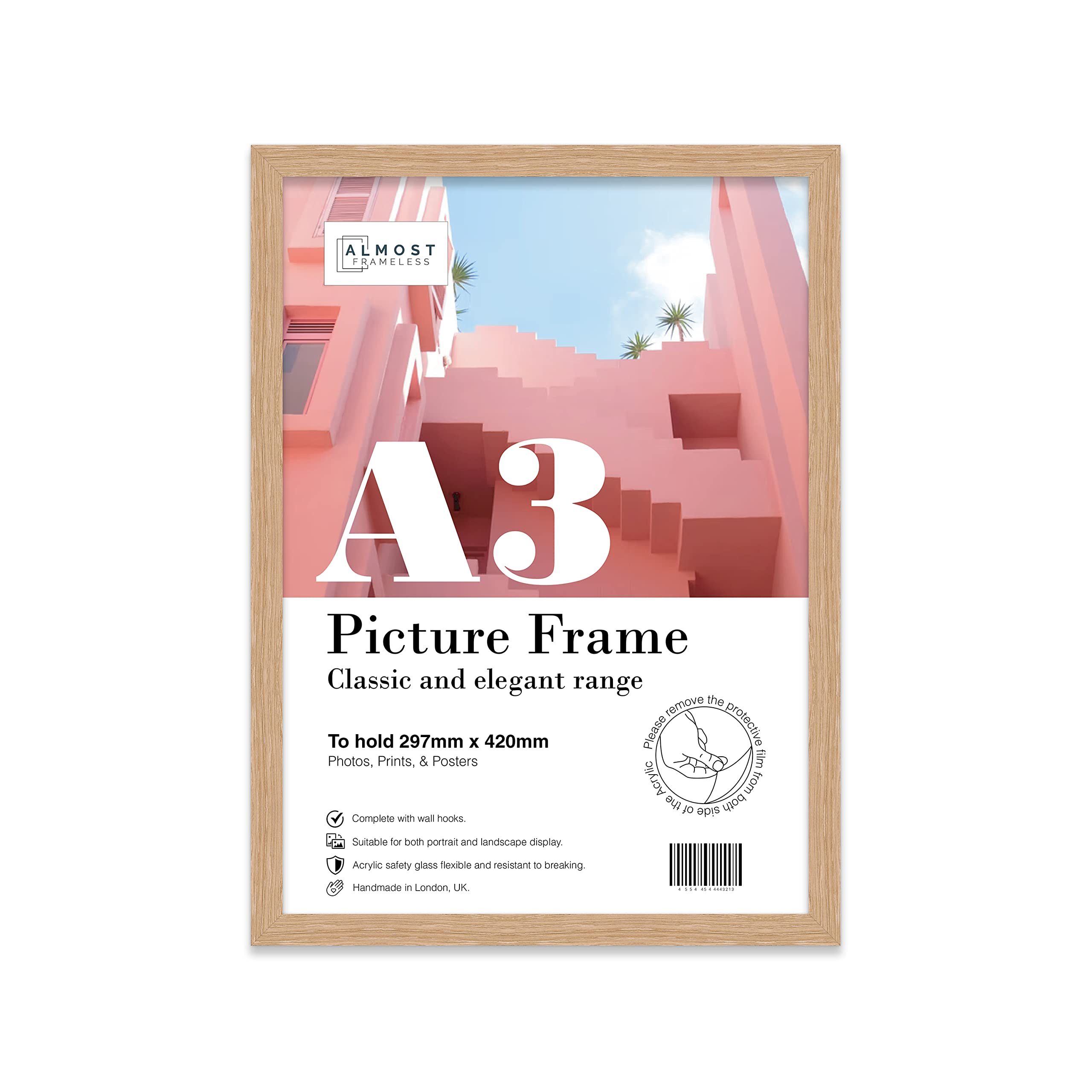 Almost Frameless A3 Oak Picture Frame Fits A3 (29.7 x 42cm - 11.7 x 16.5in) Poster, Photo, Artwork, or Print. Thin Edge Slim Frame Portrait and Landscape Display with Wall Hooks