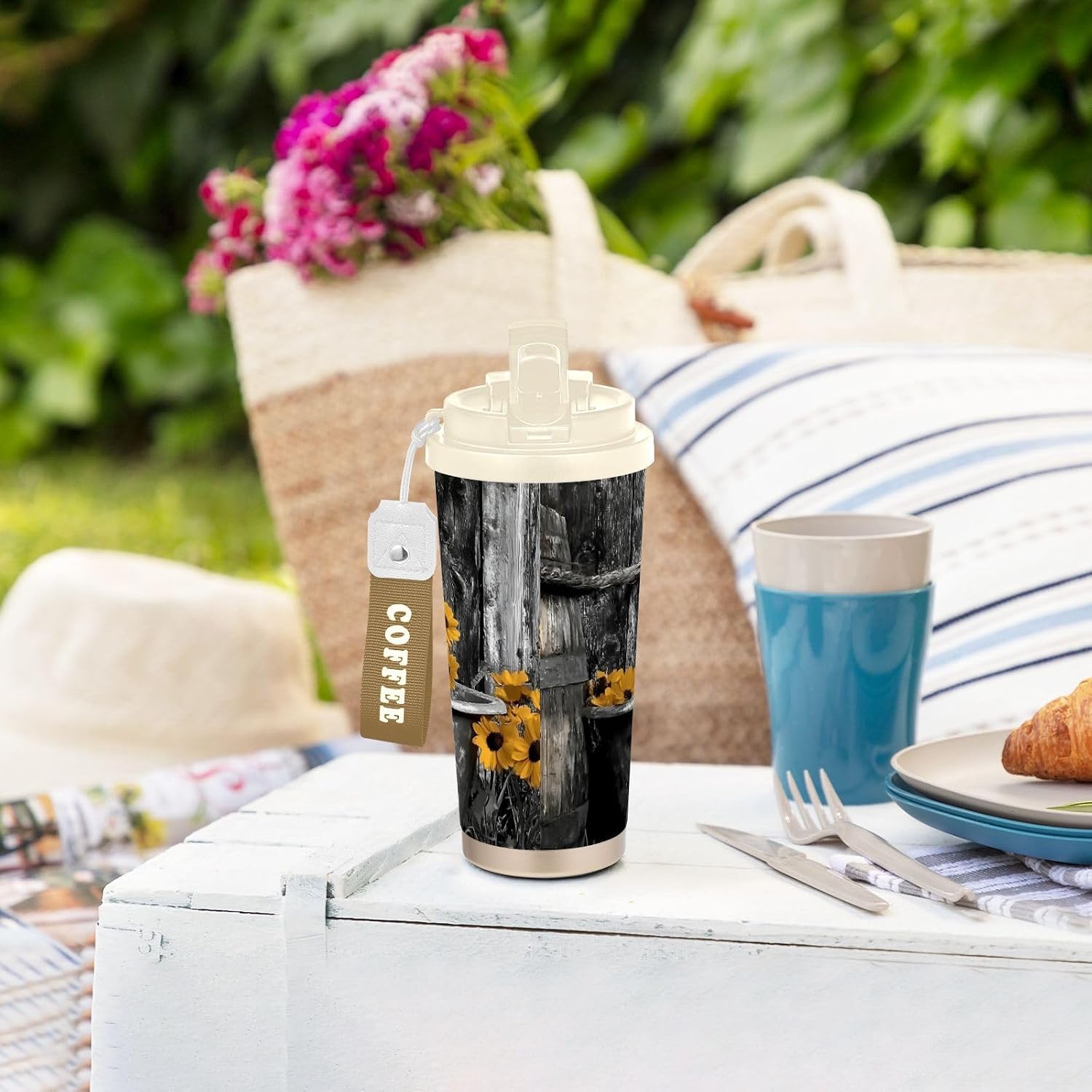 Insulated Coffee Mug Dog Sunflower Bathtub with Straw & Flip Lid, 16.9oz Iced Tumbler Cup, Double Wall Vacuum Mug for Travel Office Camping