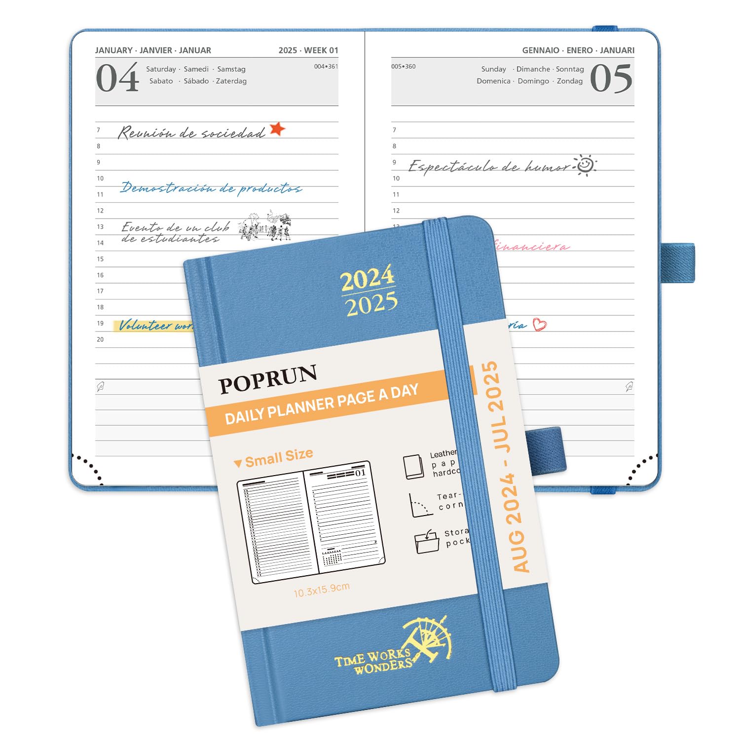 POPRUN Agenda 2024 2025 Dia Por Pagina Pequeña, Diaria 12 Meses 16 x 10,5 cm con Tapa Dura, Banda Elástica, Papel Certificado FSC® 80 GSM, Azul Neblina