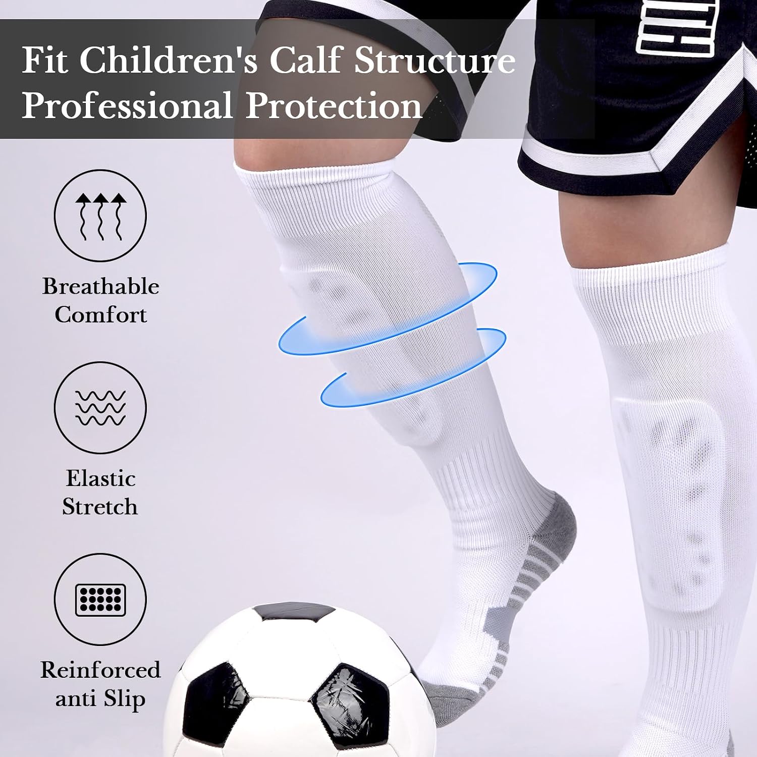 Linkidea Kids Soccer Socks with Shin Guards, 2 Pairs Breathable Knee High Socks with Lightweight Shin Pads, Long Sleeve Cushion Socks for Child 7-9 Years Over Calf Soccer Socks (White&Blue, M)