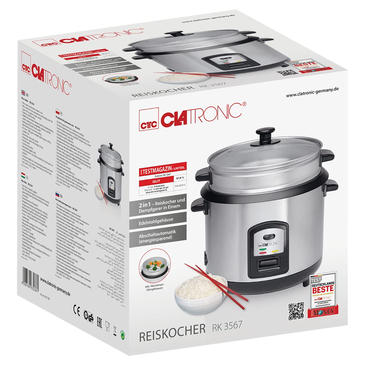 Clatronic RK3567 Cuiseur Riz et Cuisson Vapeur - 700 W, 220–240 V, 1.8L, Argent