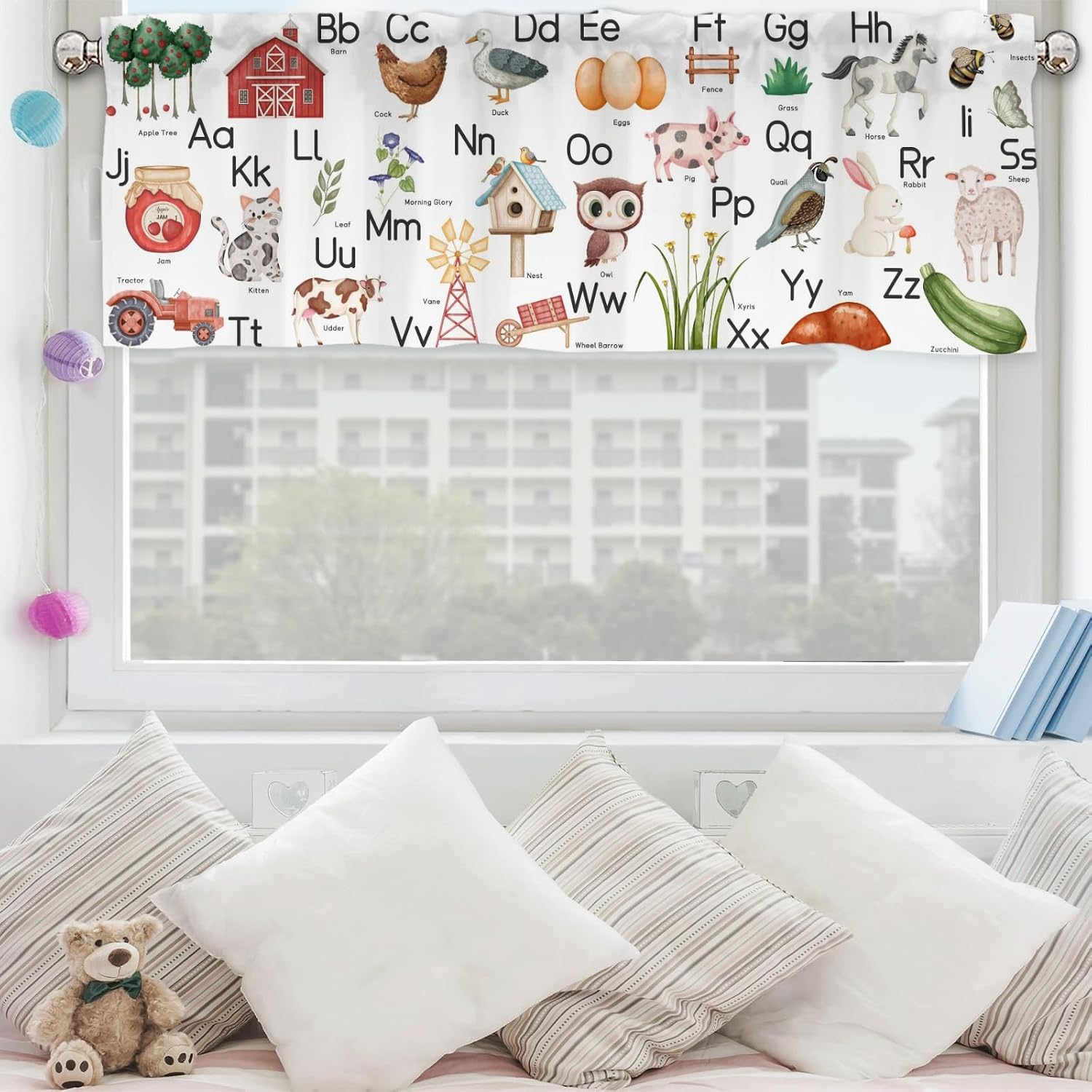 Cute Farm Life ABC Learning Valances 54''x18'' Kids Toddler Nursery Bedroom Decor Short Curtains Funny Farmhouse Animals Rod Pocket Window Treatment Drapes Living Room Bathroom Kitchen 1 Pack