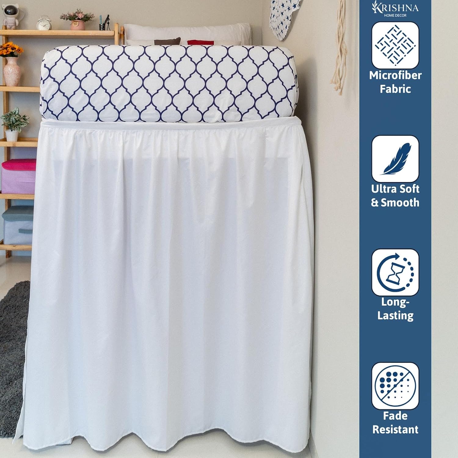 Krishna Dorm Bed Skirt, 100% Microfiber College Bed Skirt Ruffle with Split Corners, Twin XL 36 Inch Drop, White