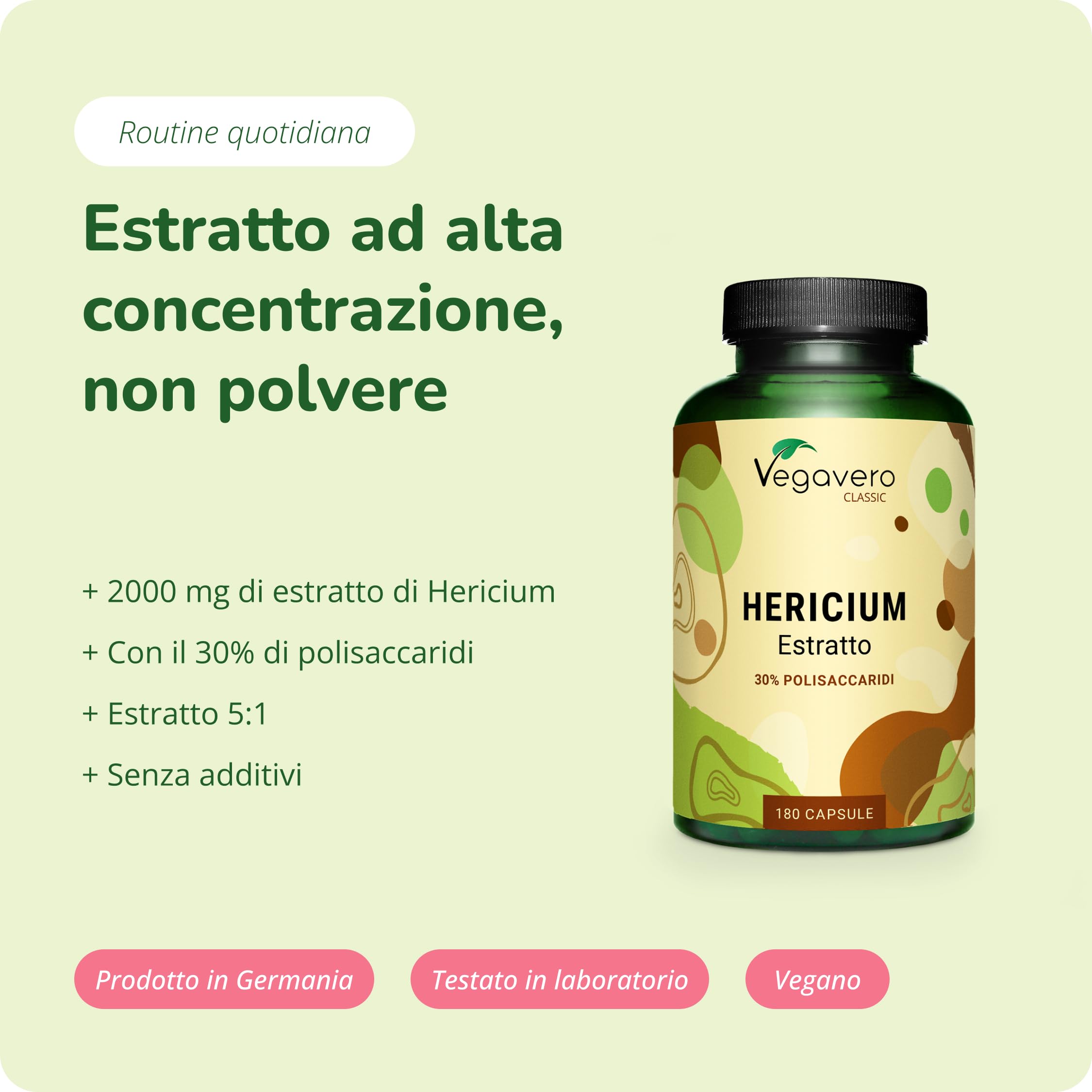 Hericium Erinaceum | 2000 mg di estratto | Alto Dosaggio | Lions Mane 30% Polisaccaridi e 5% Beta-glucani | Vegan | Senza Additivi | No OGM | Vegavero®