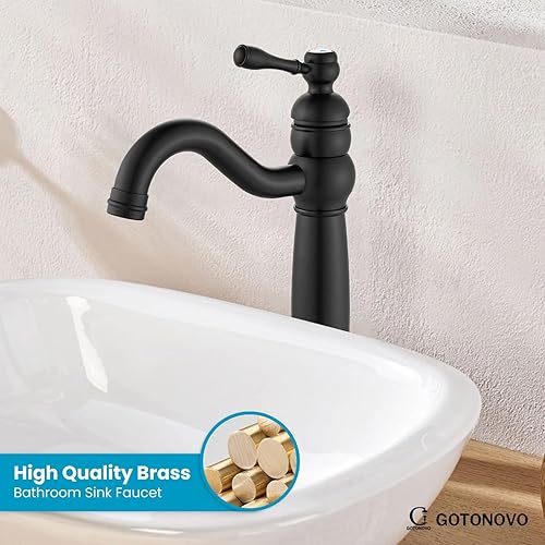 Miniatura 2 de gotonovo Grifo de baño giratorio de 360 con un solo agujero, grifo de baño alto para lavabo, grifo de lavabo con drenaje desplegable, negro mate