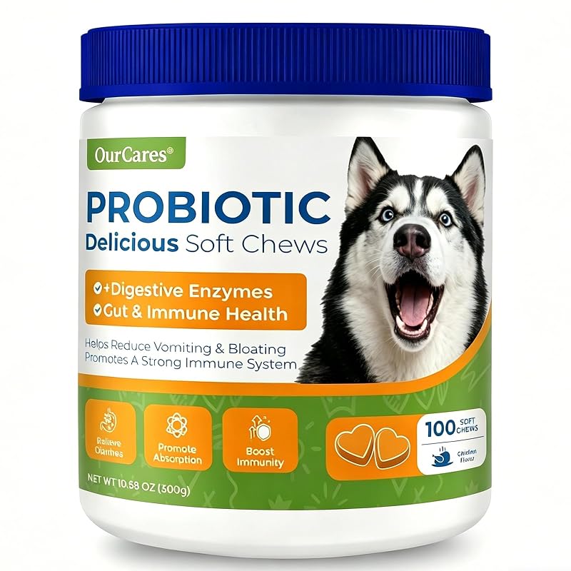 Suplemento probiótico para cães OurCares com enzimas, prebióticos e sabor frango, 100 unidades