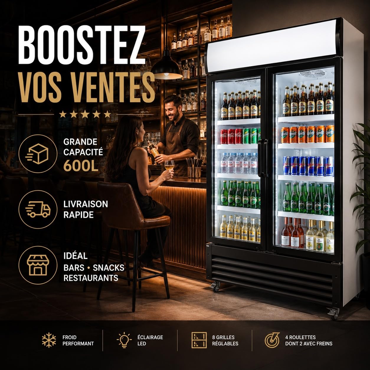 Générique Professional Refrigerated Cabinet 2 Doors Glass 600L Black – Ventilated Cooling – LED Lighting – Digital Thermostat – Beverage Fridge CHR – 1080x595x2100mm