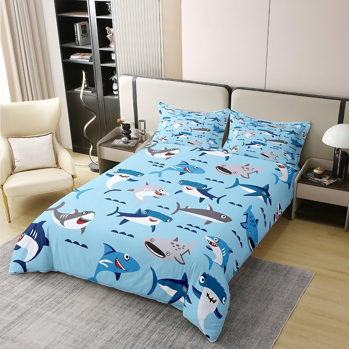 jejeloiu Shark Duvet Cover 100% Cotton Full Size Ocean Sea Animal Bedding 100% Cotton Set for Kids Boys Girls Teens Room Decor Sea Underwater World Comforter Cover Set Bedspread Cover 3Pcs Zipper
