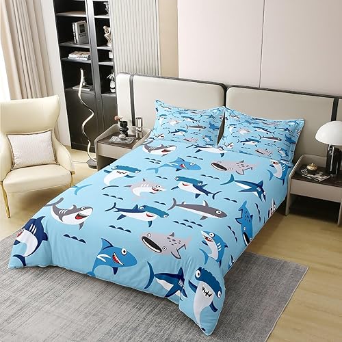 Miniatura 3 de jejeloiu Juego de funda de edredón de tiburón, 100% algodón, tamaño individual, diseño de animales marinos y océanos, 100% algodón, para niños,