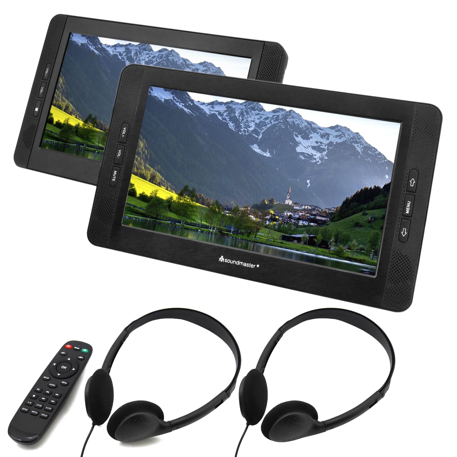 Soundmaster Reproductor DVD portátil PDB1850SW 2 monitores con Pantalla LCD de 25,9 cm / 10,1' Auriculares 16:9 Soporte para reposacabezas Batería de Coche Mando a Distancia 5.000 mAh