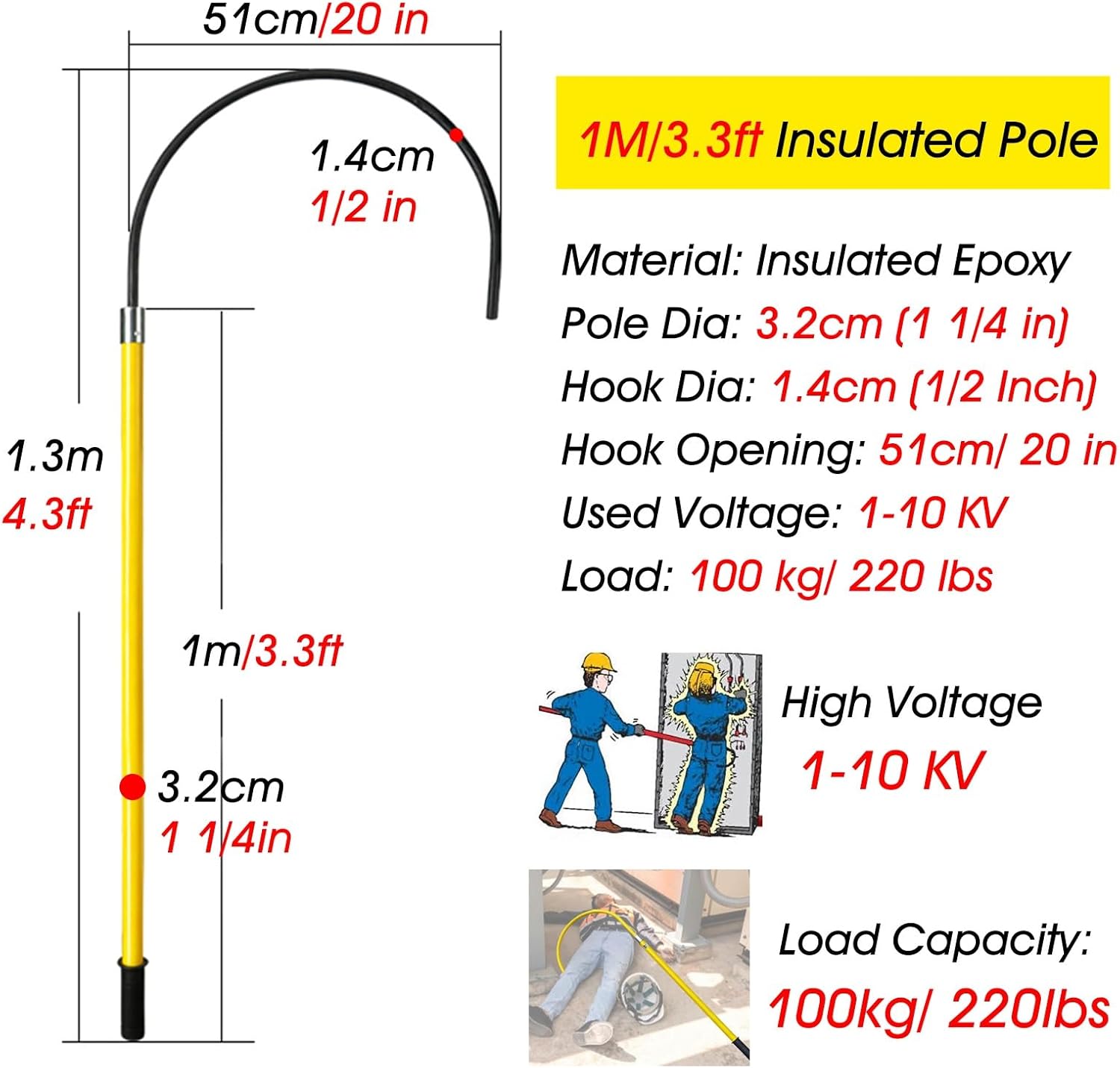 Rescue Hook Emergency Lifesaving Pole Commercial Electrical Emergency Rescue Hooks with Fibreglass Life Pole, High-voltage Insulated Hook Safety Rescue Pole for Automotive Overhaul/Wire Erection(3.3ft