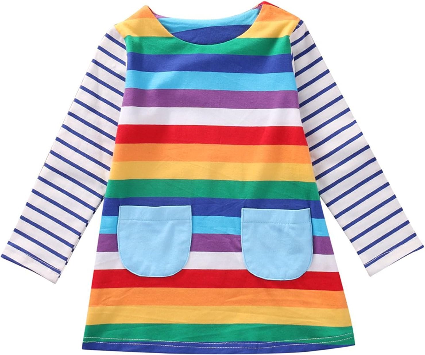 MINSINHO Cute Toddler Baby Kids Girl Long Sleeve Striped Rainbow Party Dress Spring Autumn Clothes (Multicoloured, 3-4 Years)