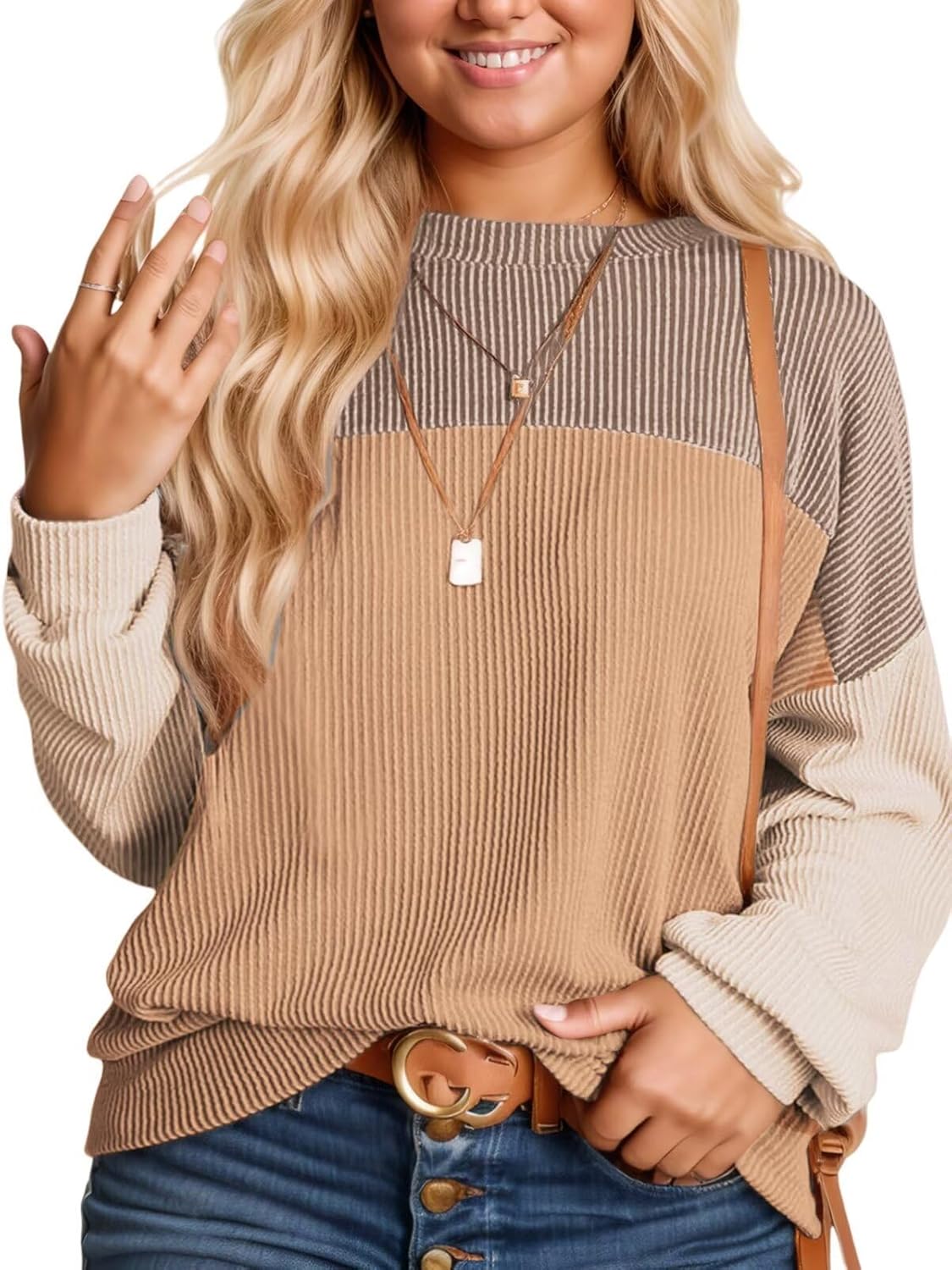 DOLNINE Plus-Size-Tops-for-Women Fall Casual Long Sleeve Shirts Oversized Color Block Crewneck Sweatshirts Ribbed Knit Tunic
