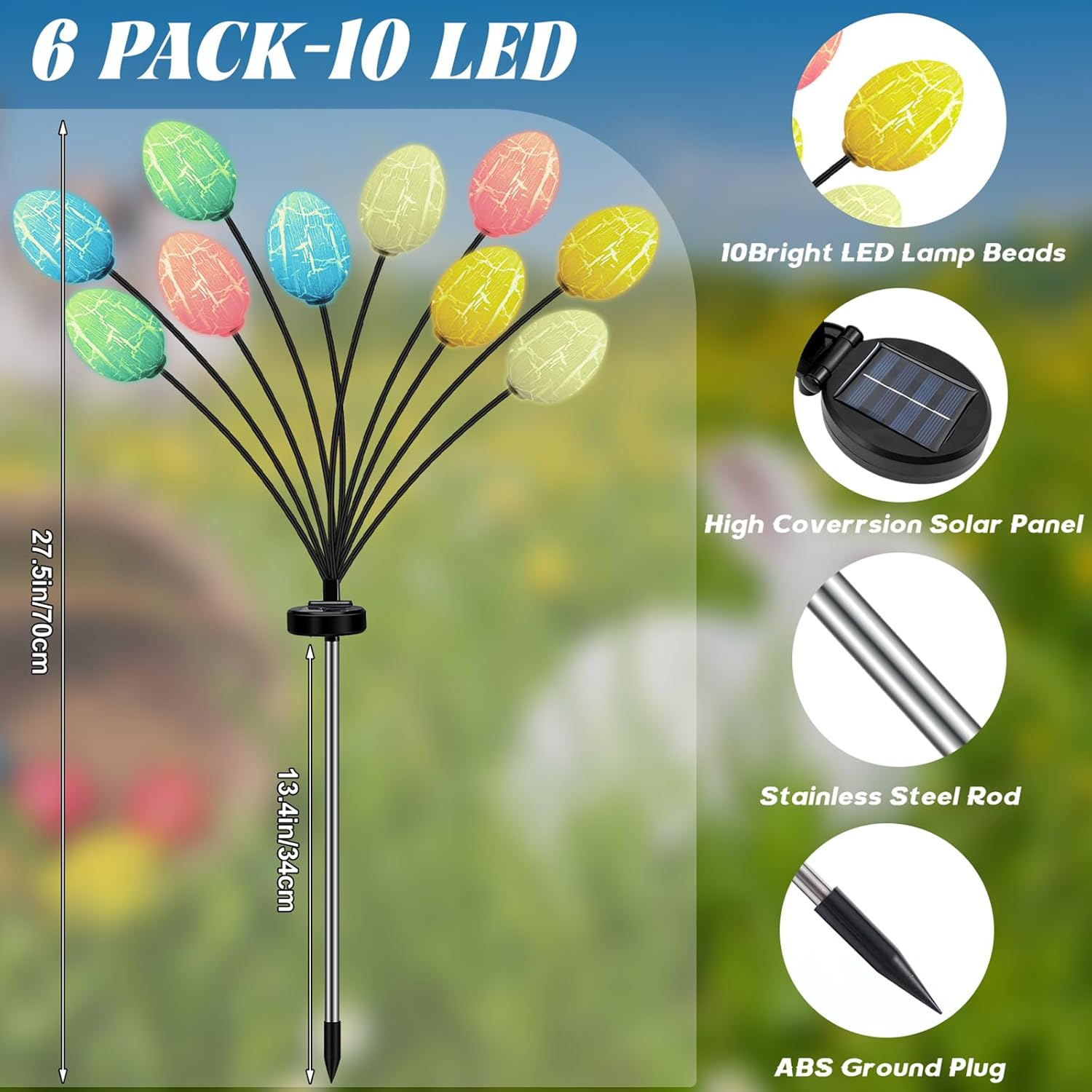 Baquler 6 Pack 60 LED Easter Eggs Solar Lights Outdoor Waterproof Solar Firefly Outdoor Easter Lights with Stake for Yard Garden Path Lawn Party Patio Pathway Decorations