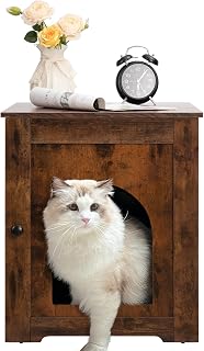 ALIMORDEN Cat Litter Box Furniture, Hidden Litter Box Enclosure Cabinet with Single Door, Cat Furniture Fit Most of Litter Box, Indoor Cat House, Wood Vintage End Table, Nightstand, Rustic Brown