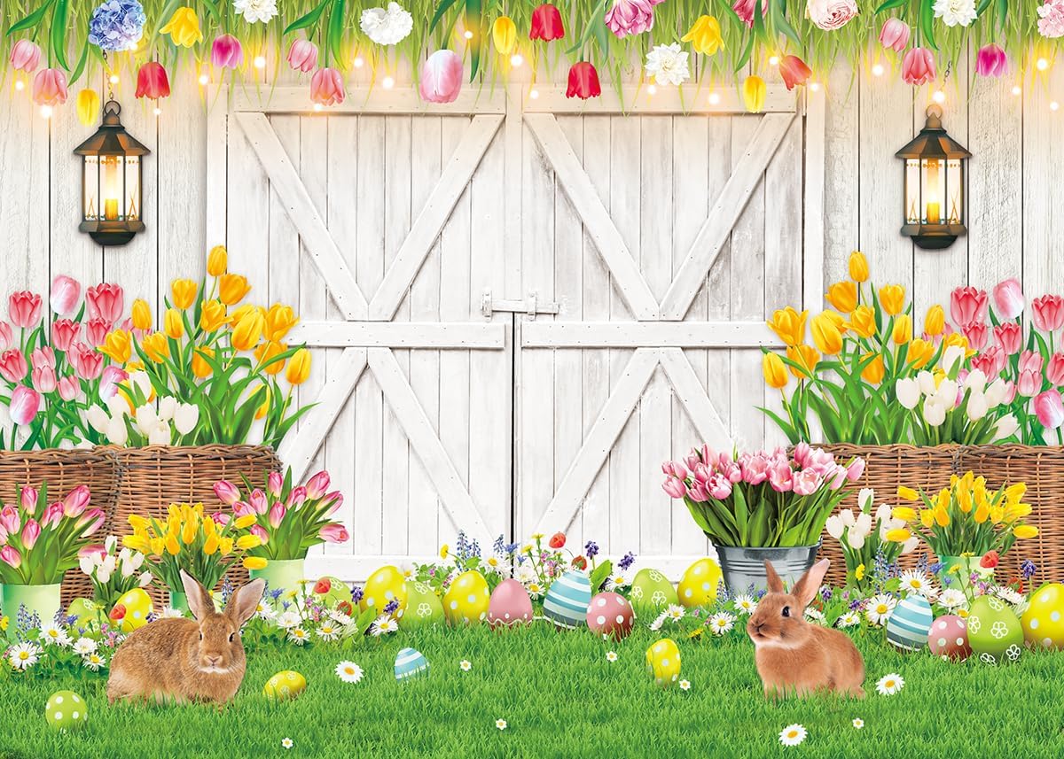 Spring Easter Backdrop Happy Easter White Barn Door Bunny Floral Colorful Eggs Photography Background Kids Children Family Garden Party Bridal Wedding Decorations (7x5FT)