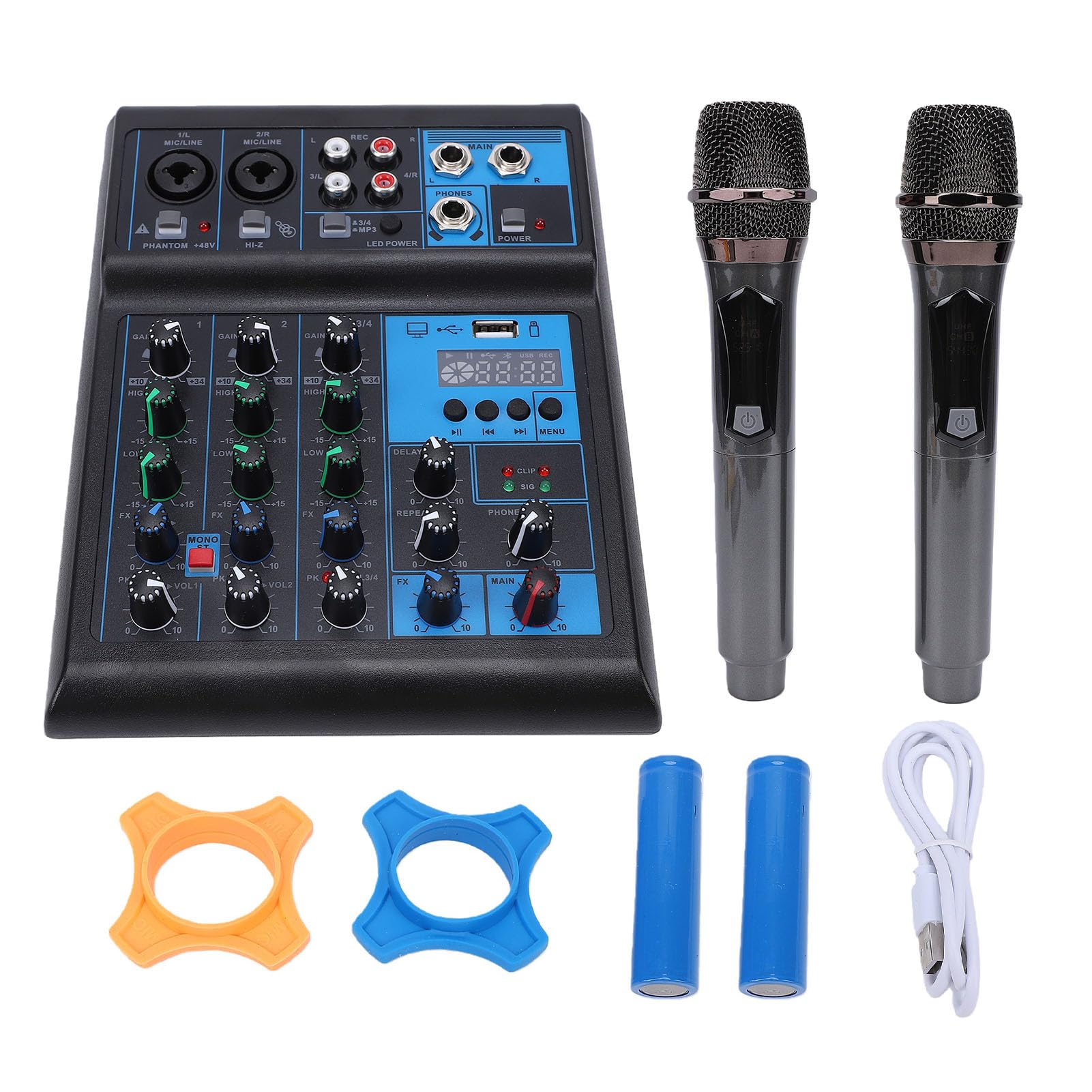 Goshyda Mixer Audio a 4 Canali con Due Microfoni Cordless, Console di Missaggio Audio per Karaoke, Streaming Live, Podcast e registrazione.