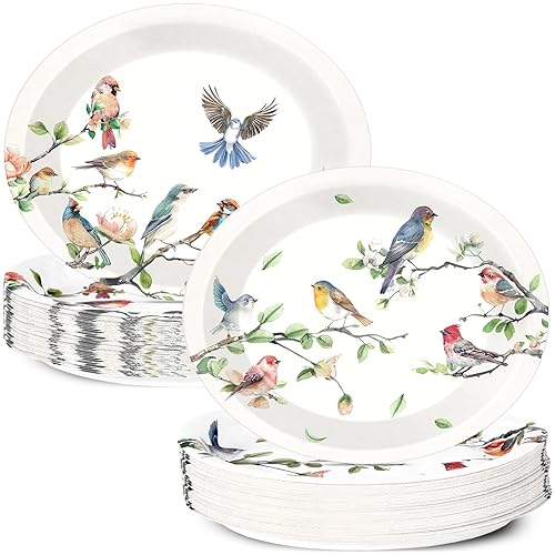 50pcs Bird Oval Paper Plates 11inch Watercolor Spring Bird Floral