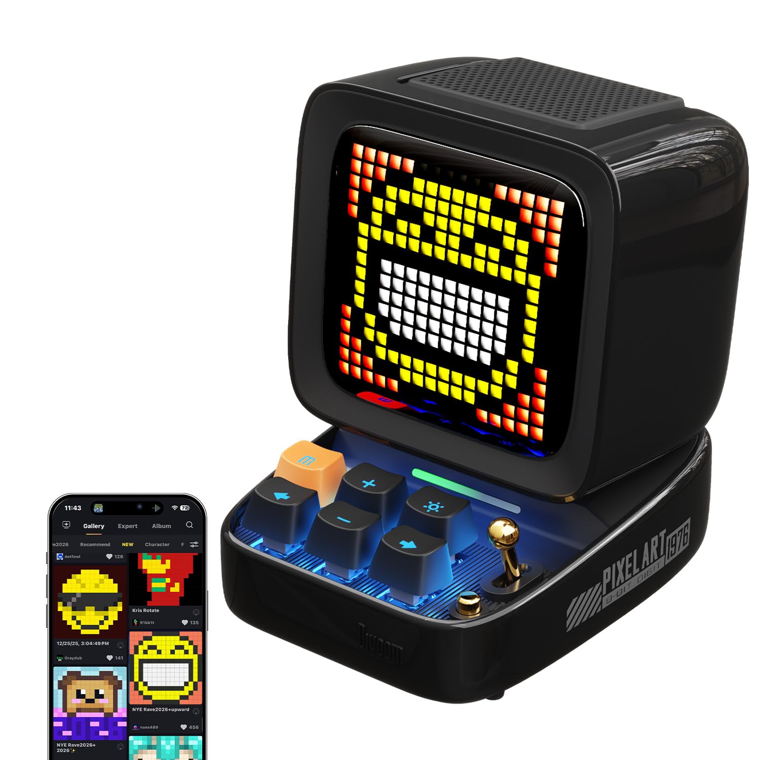 Divoom Ditoo Multifunctional Pixel Art Bluetooth Speaker, Retro Portable Speaker with Programmable RGB Led Screen, Smart Alarm Clock, Mechanical Keyboard, Supports TF Card & Radio (Black)
