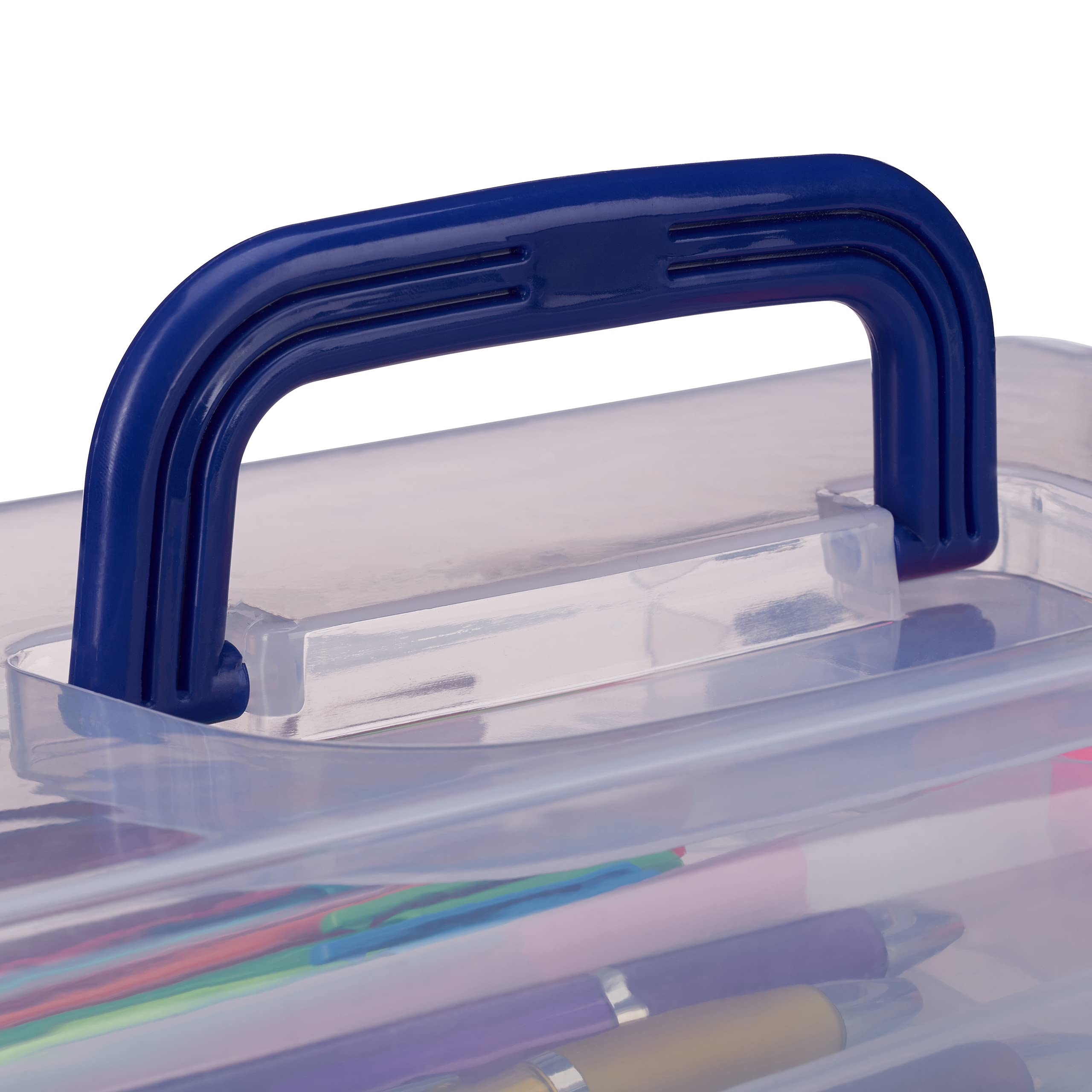 Relaxdays 10x Scatola Trasparente Plastica, 9 Scomparti Per Oggetti, Maniglia e Chiusura A Scatto, 14x33x19,5 cm, Blu