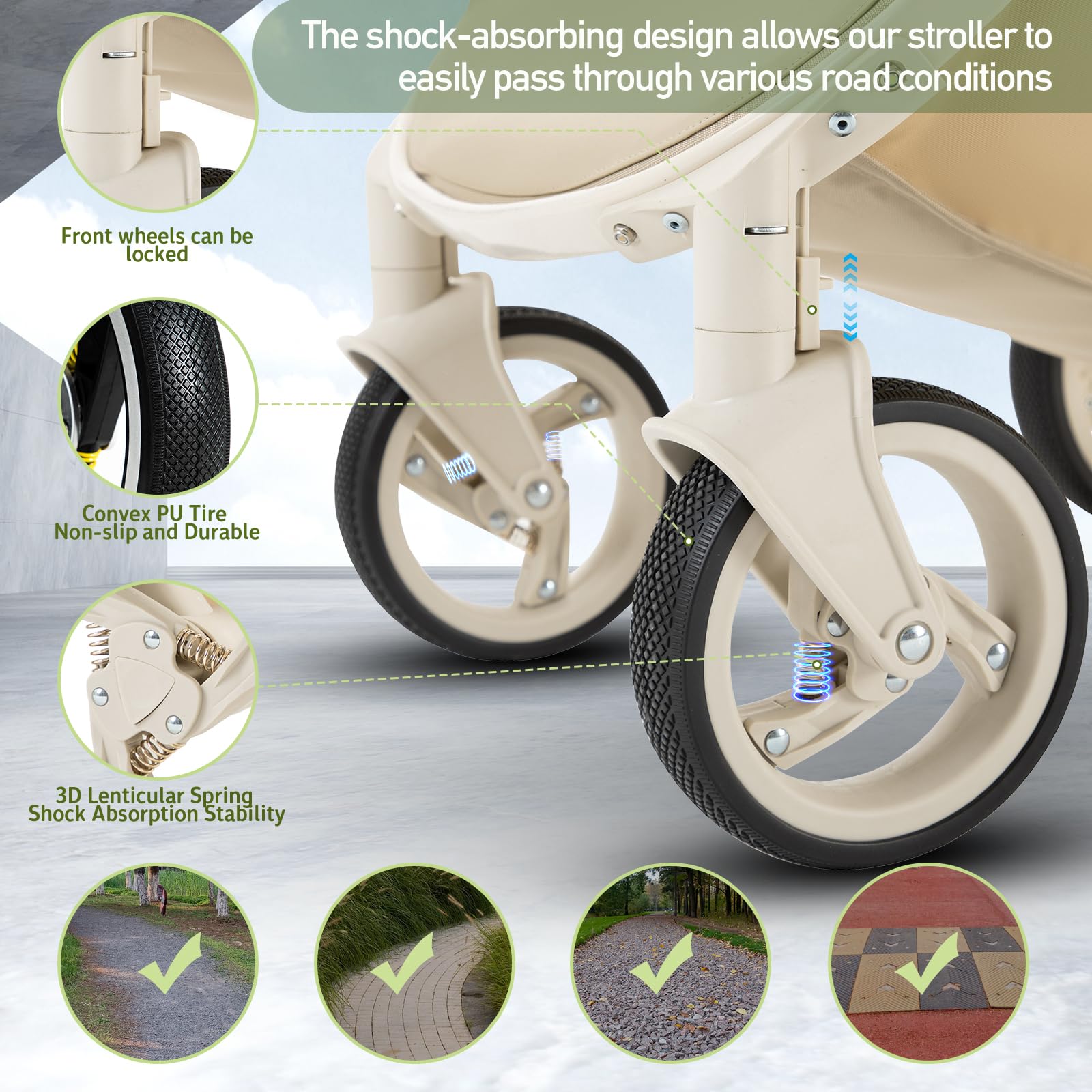 Pelle Passeggino 3 in 1 Sistema di Viaggio con Seggiolino Auto Telaio Alluminio Carrozzina Città Pieghevole per Bambini 0-4 Anni Cachi
