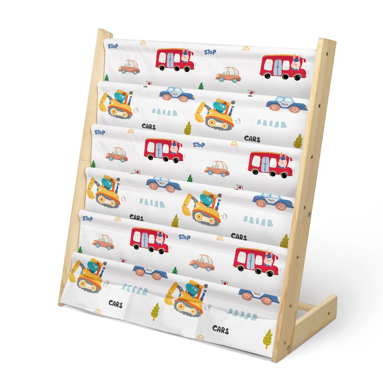 wooshwa Estanteria Libros Infantil, Librería Montessori Infantil con 5 Capas, 3 Bolsillos con Mangas Profundas, Madera, 63 * 30 * 73cm (Vehículo Blanco)
